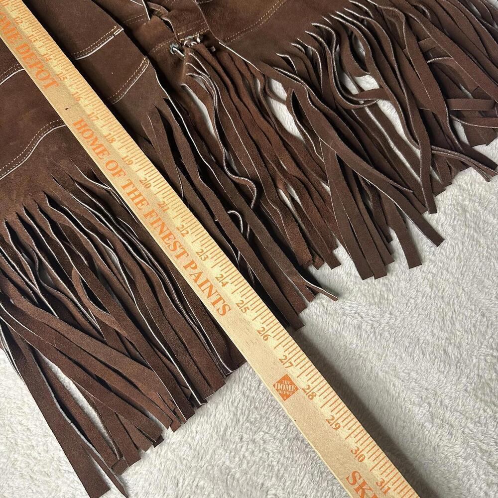 Vintage 70s Brown Leather Cowboy Fringe Tassel Boho Western Outlaw Vest 20 X 26 - Picture 7 of 9
